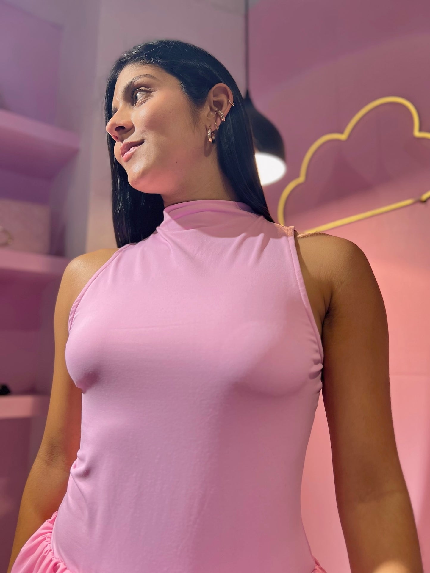 Vestido globo rosa pastel halter