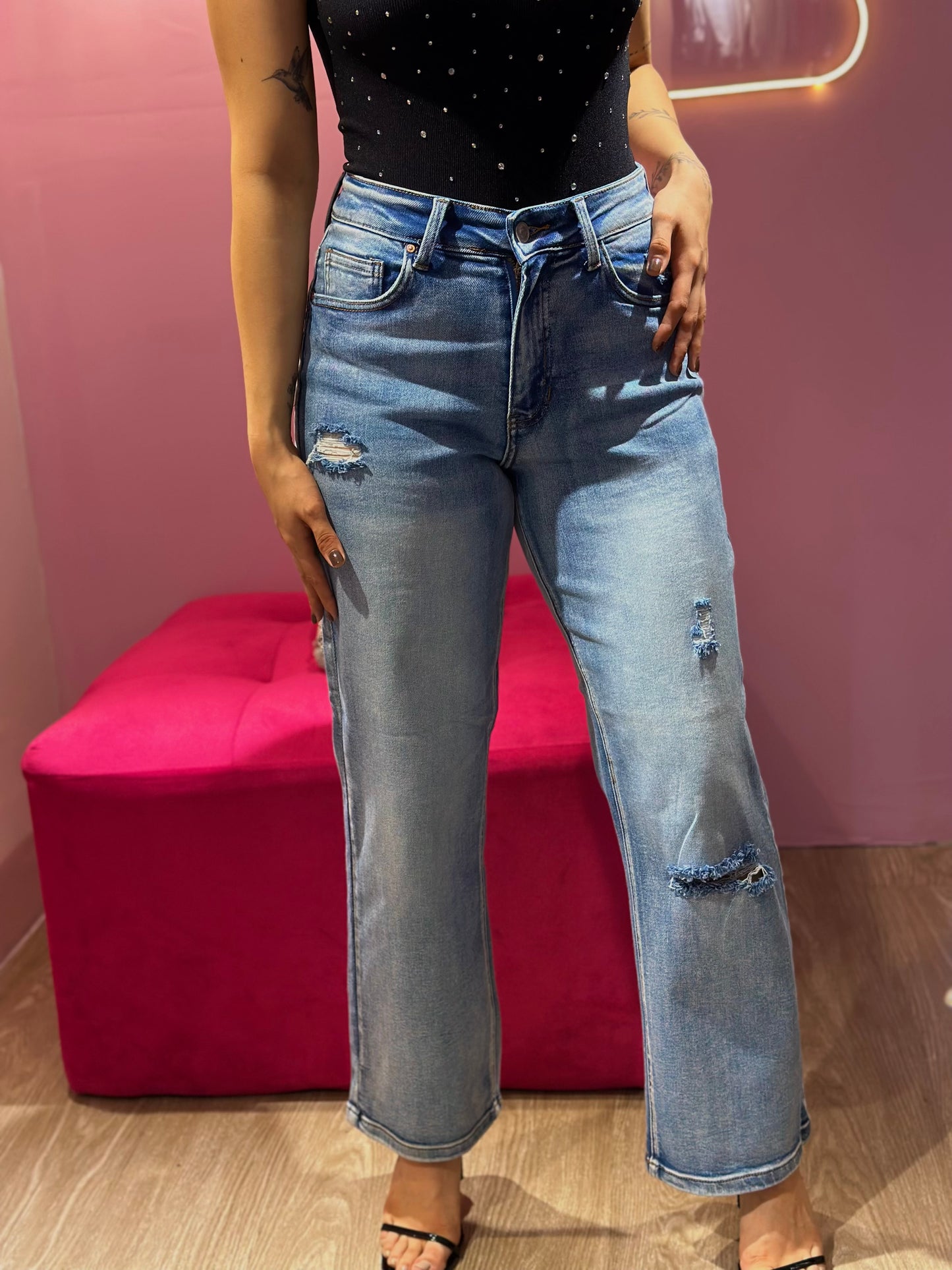 Jean Wax wide leg prelavado claro con roturas (cd: 90364)