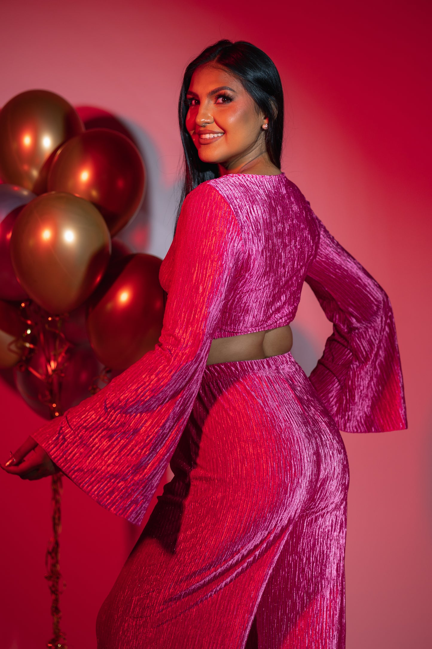 Set aterciopelado fucsia (top y pantalón)