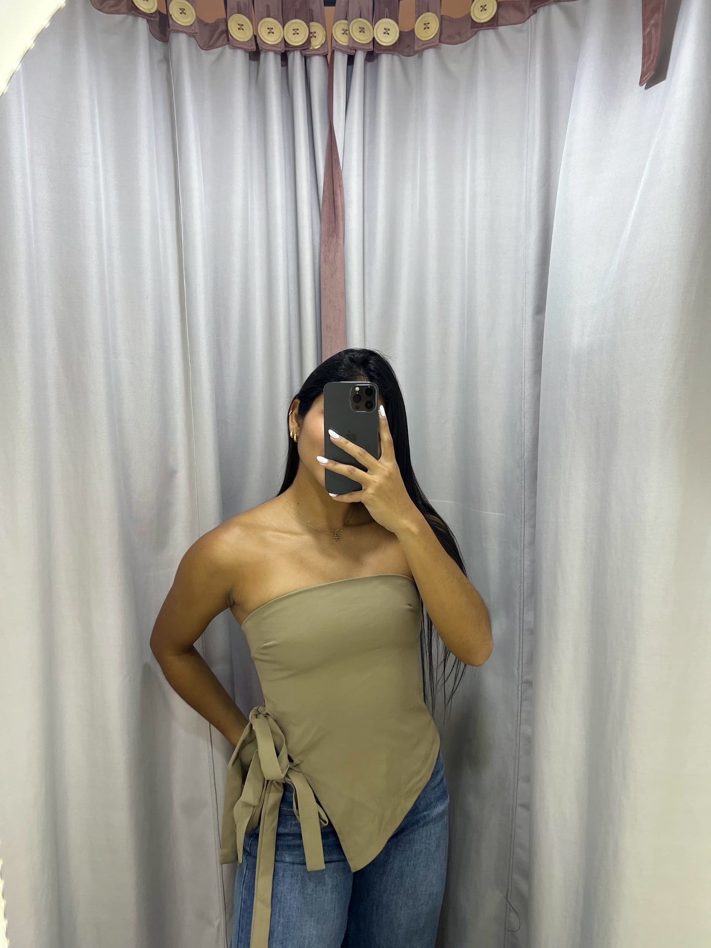 Top strapless de lazos laterales beige