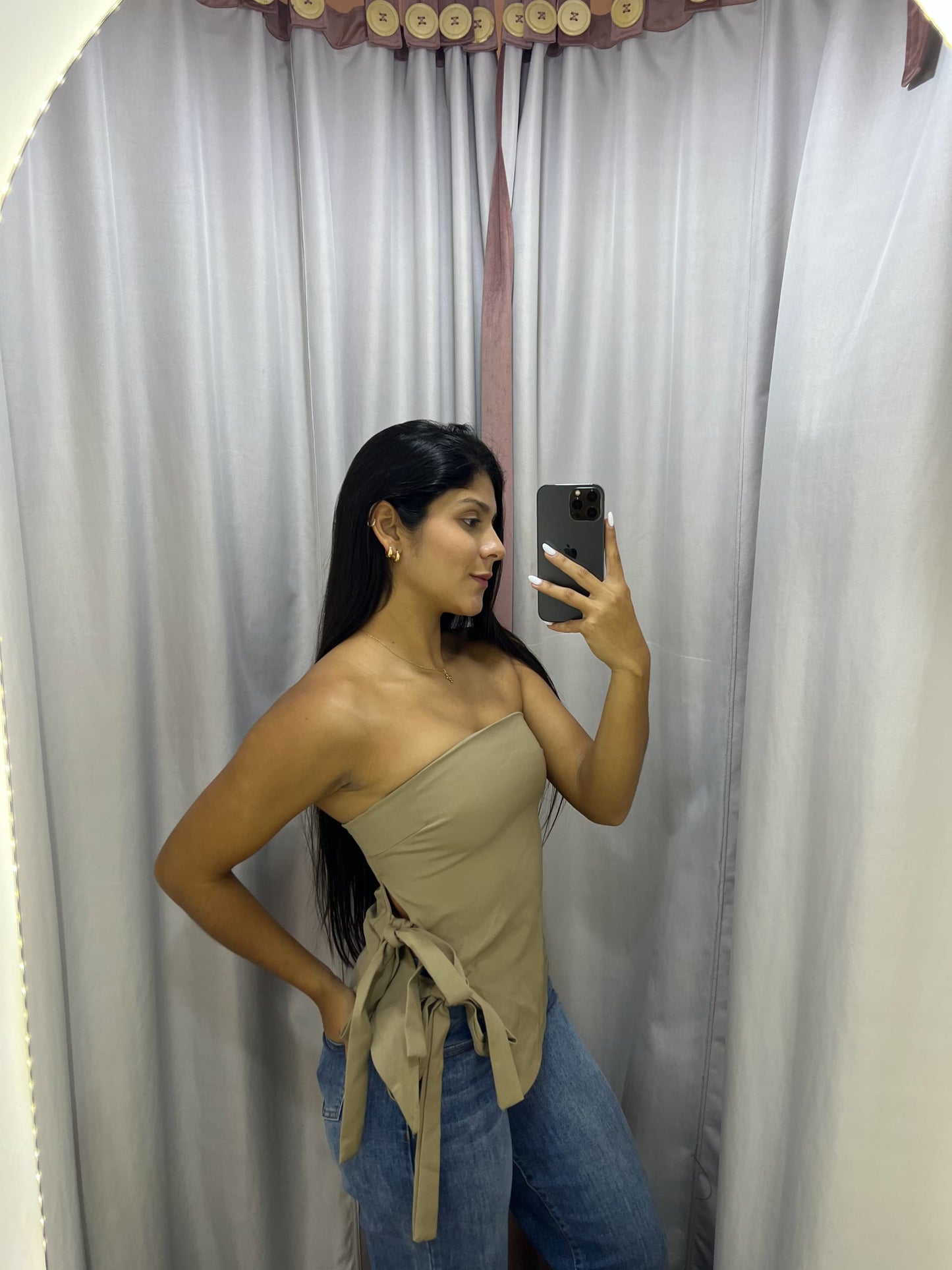 Top strapless de lazos laterales beige