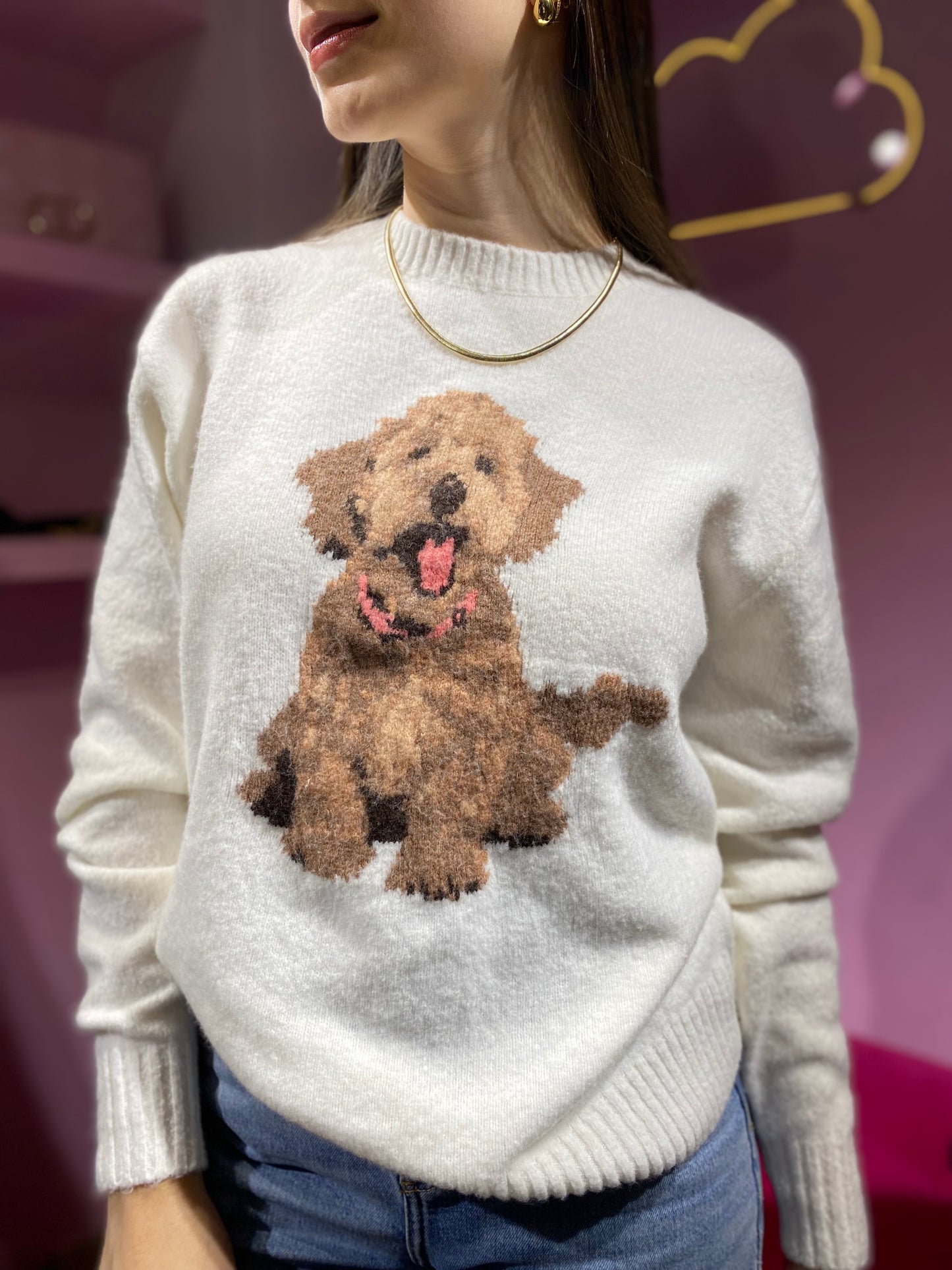 Sueter/hoodie hollister blanco tejido con estampado de perrito
