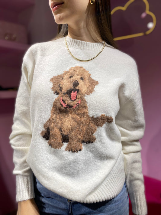 Sueter/hoodie hollister blanco tejido con estampado de perrito