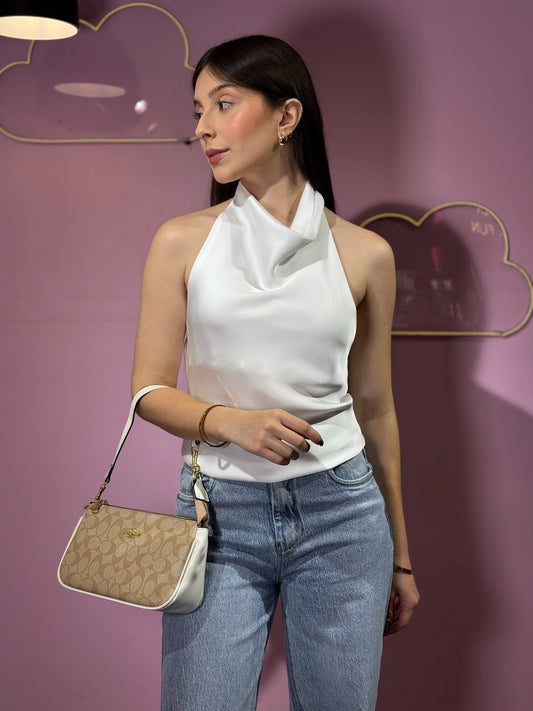 Top cuello bobo de satén blanco