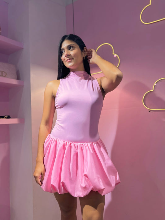 Vestido globo rosa pastel halter