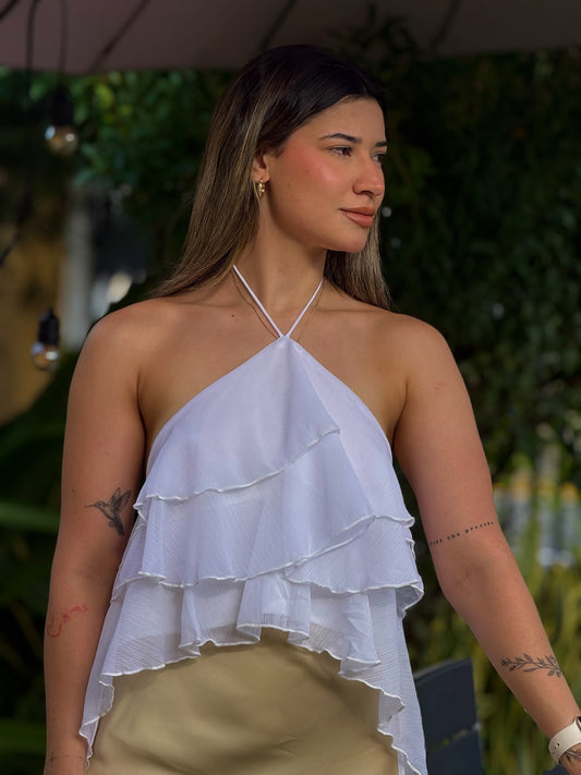 Top de chifon con tirantes al cuello y volados asimetricos blanco