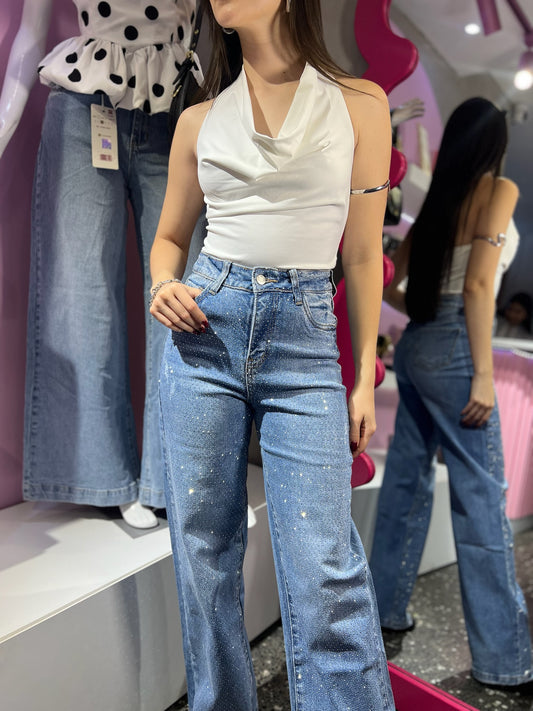 Jean Sweet Couture wide leg de pedrería tono medio (cd: SWK2508)