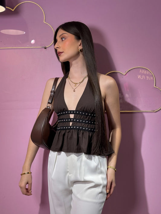 Top escote V de taches marrón