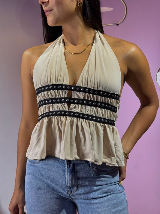Top escote en V con taches beige con negro