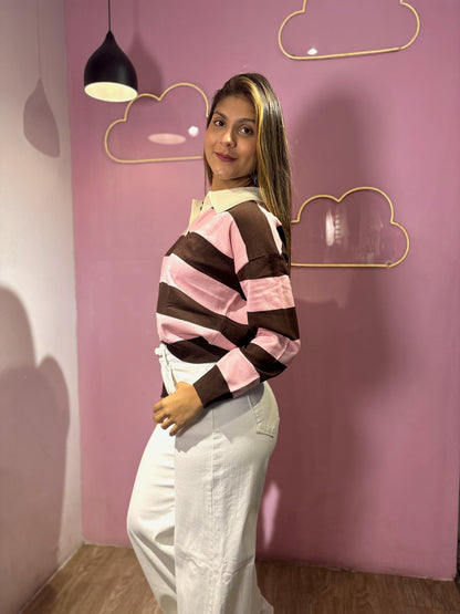 Suéter de rayas marrón con rosado pastel