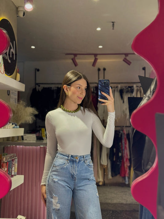 Top manga larga básico cuello redondo Blanco