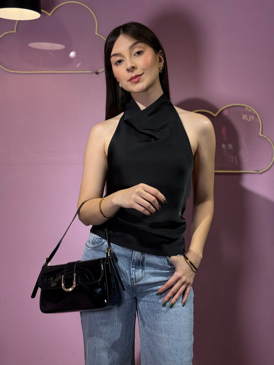 Top cuello bobo de satén negro