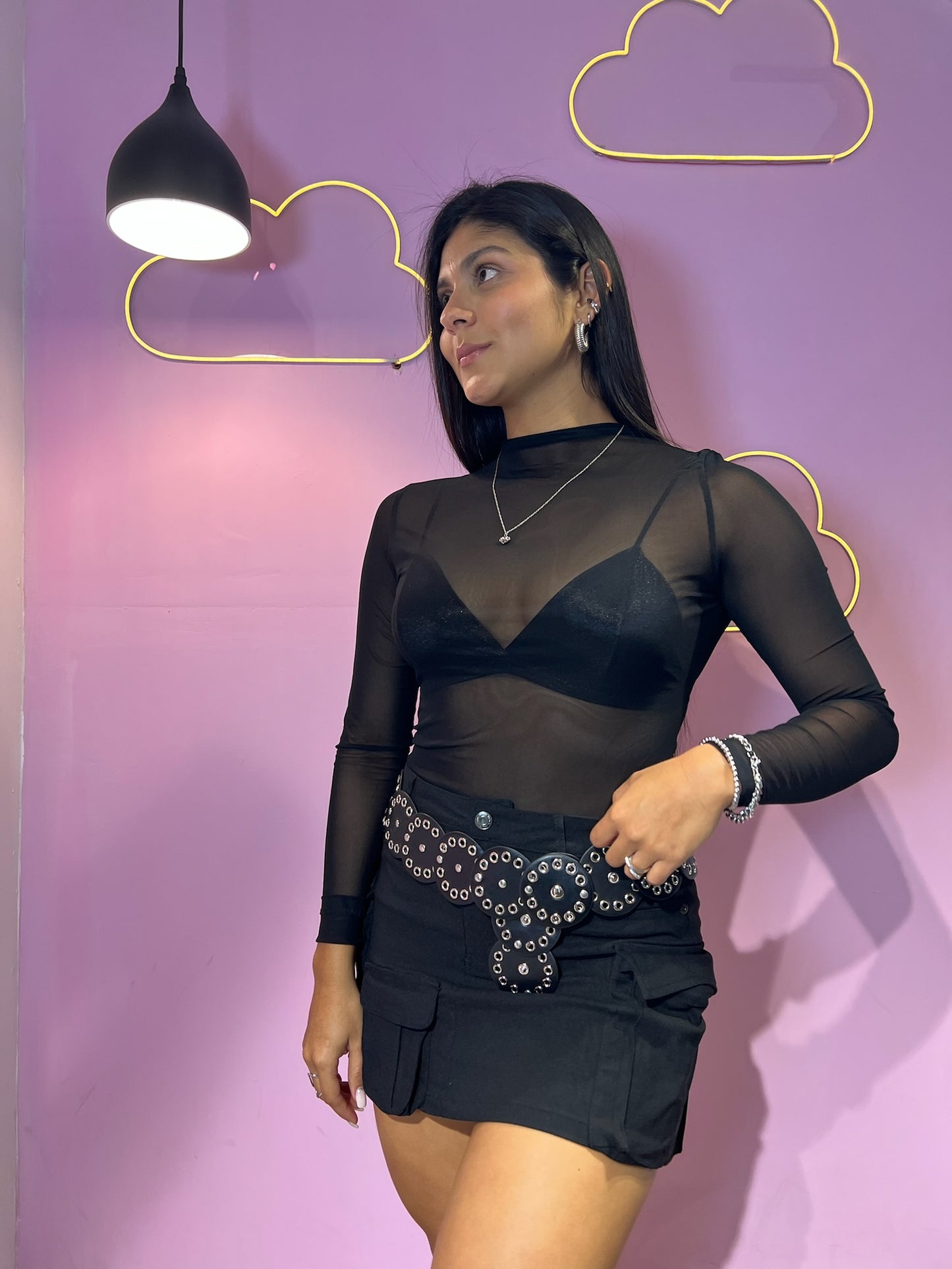 Top de malla negro negro manga larga