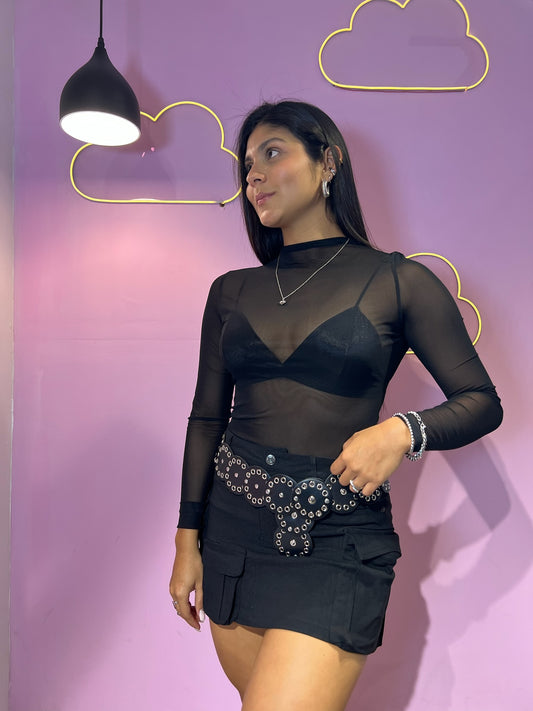 Top de malla negro negro manga larga