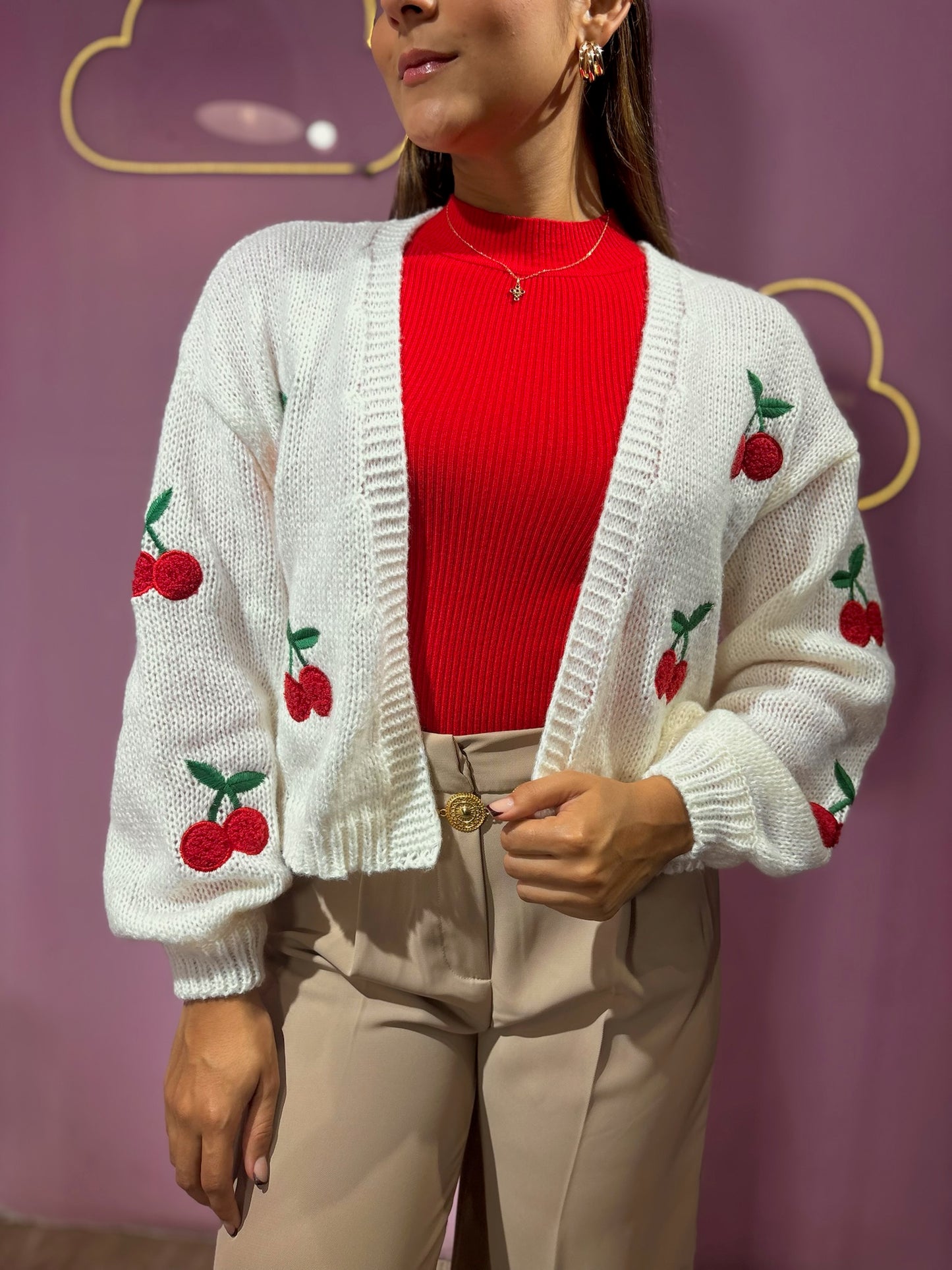 Cardigan tejido blanco de cerezas