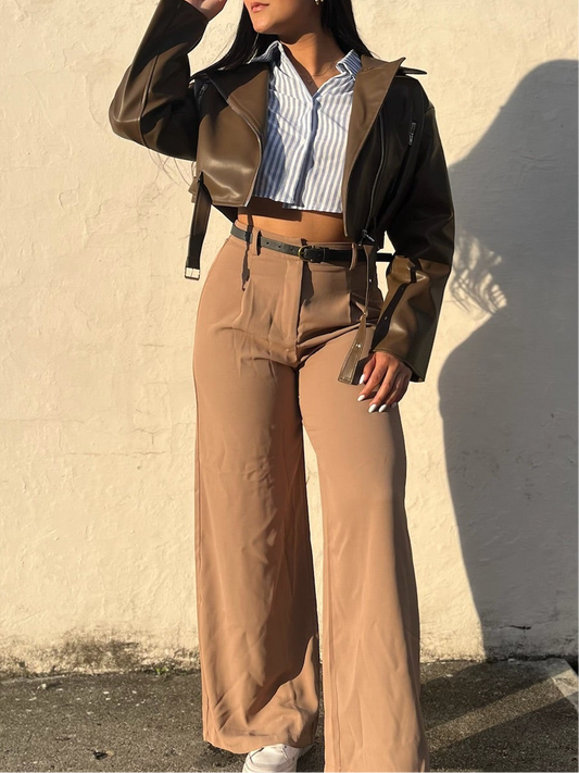Pantalón de vestir palazzo beige chocolate con correa