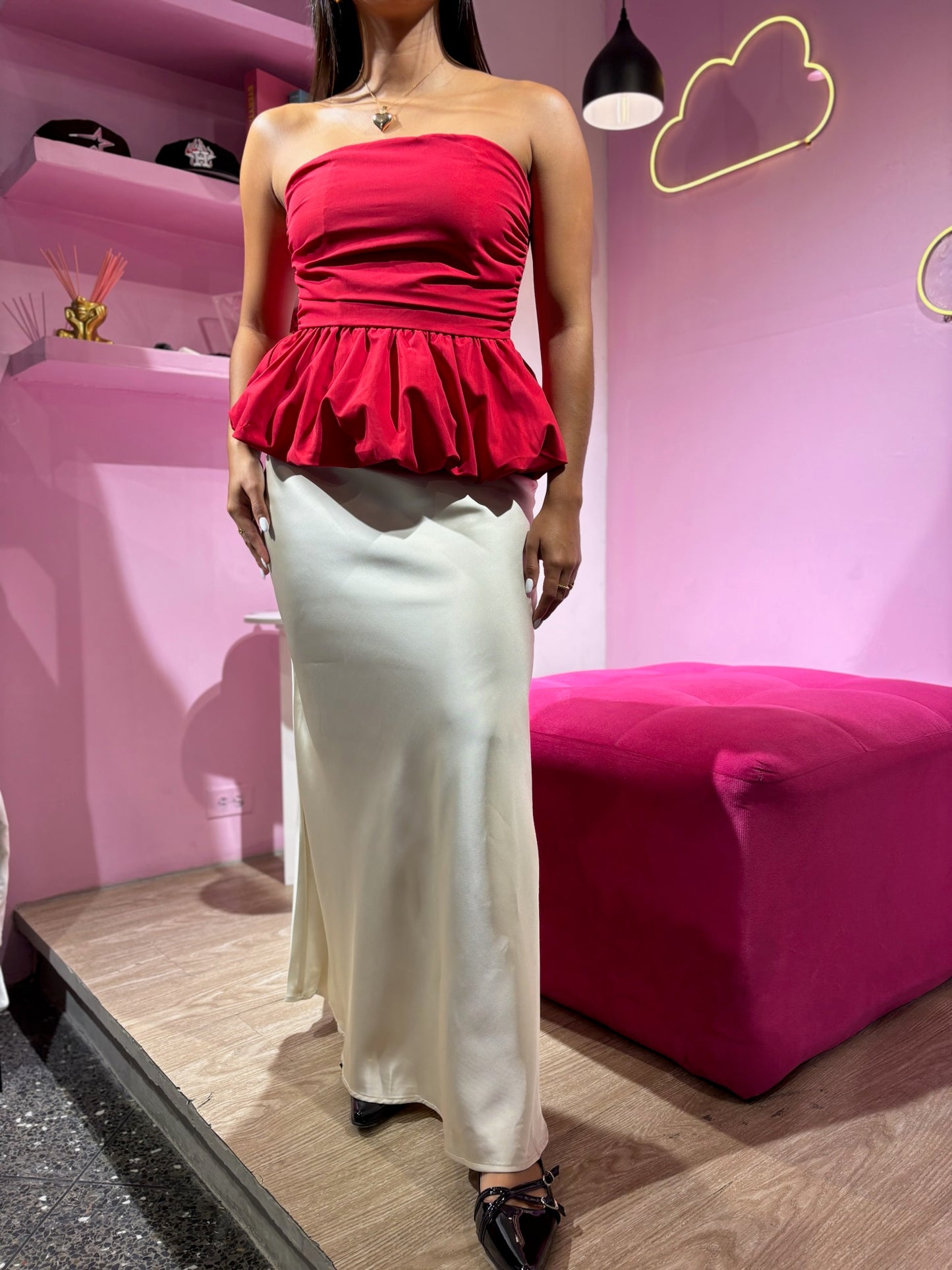 Falda larga de seda champagne