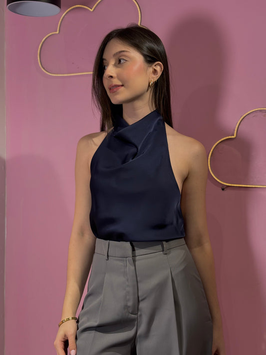 Top cuello bobo de satén azul marino