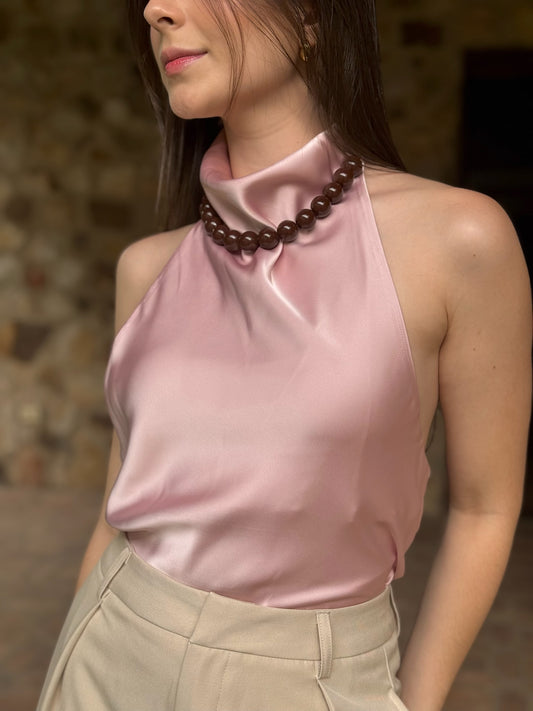 Top cuello bobo de satén rosa metalizado
