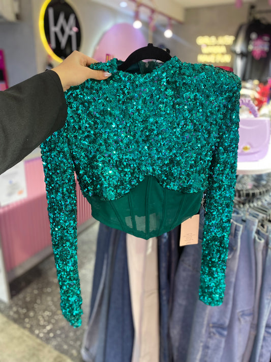 Top manga larga de lentejuelas verde esmeralda