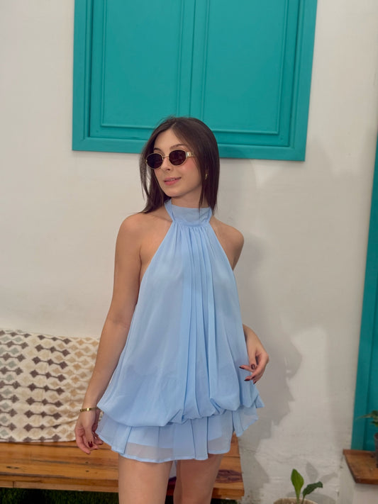 Vestido chifon celeste espalda descubierta bombache