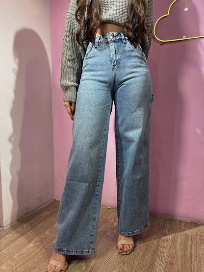 Jean wide leg tono medio con detalles de bolsillos POP SUGAR