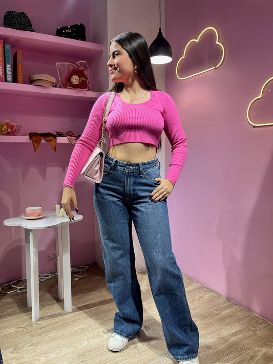 Top acanalado fucsia cuello redondo
