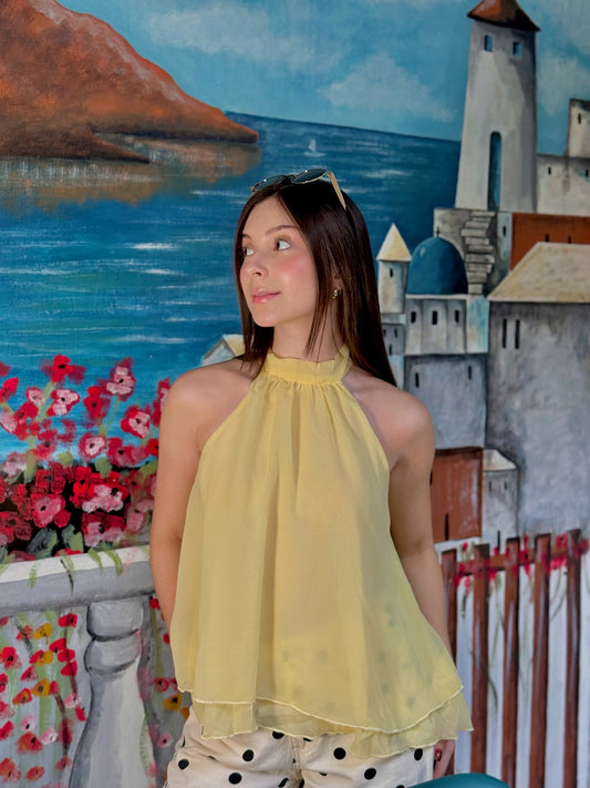 Blusa de chifon cuello alto con espalda cerrada amarillo quemado