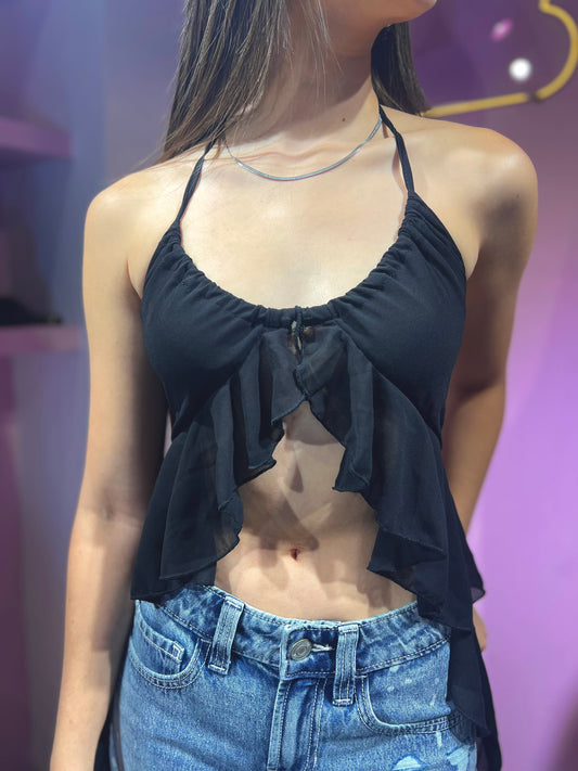 Top de chifon de volados bajos y largos negro