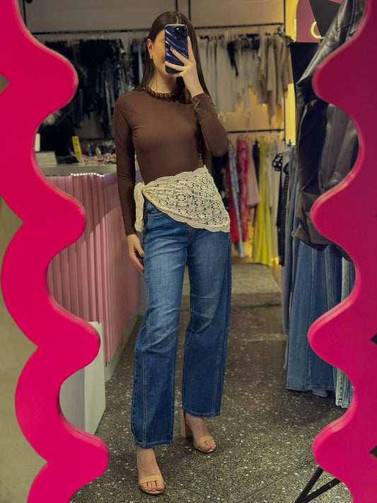 Top manga larga básico cuello redondo Marron