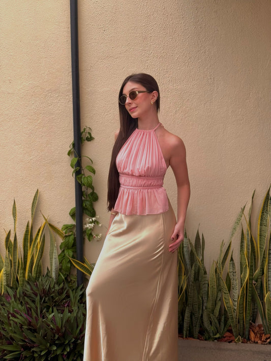 Top de chifon arruchado de espalda descubierta rosa
