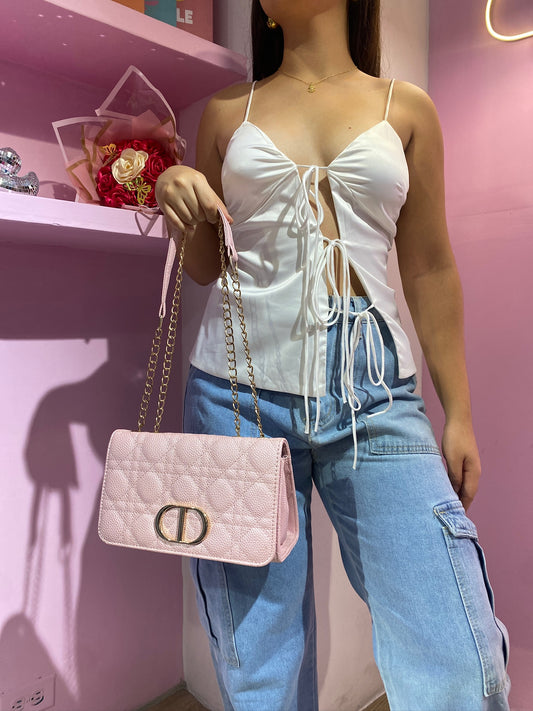 Cartera rosa pastel cadena dorada