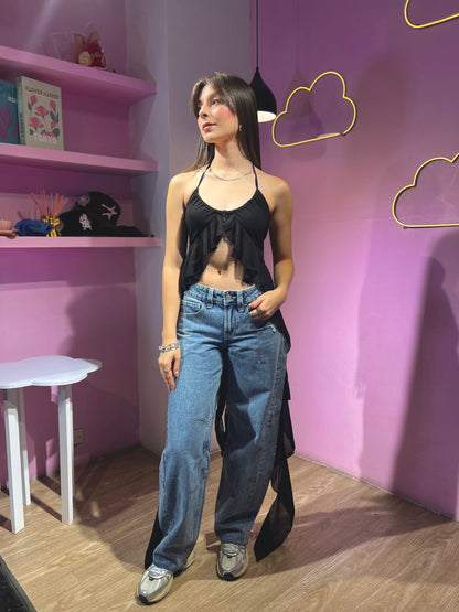 Top de chifon de volados bajos y largos negro