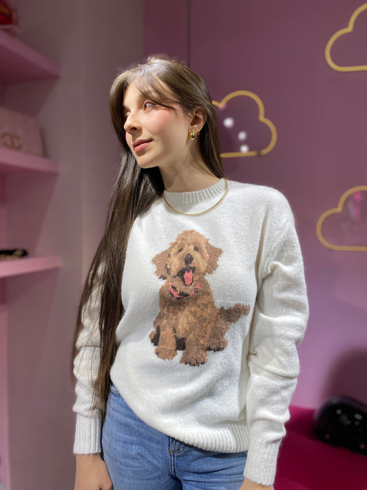 Sueter/hoodie hollister blanco tejido con estampado de perrito