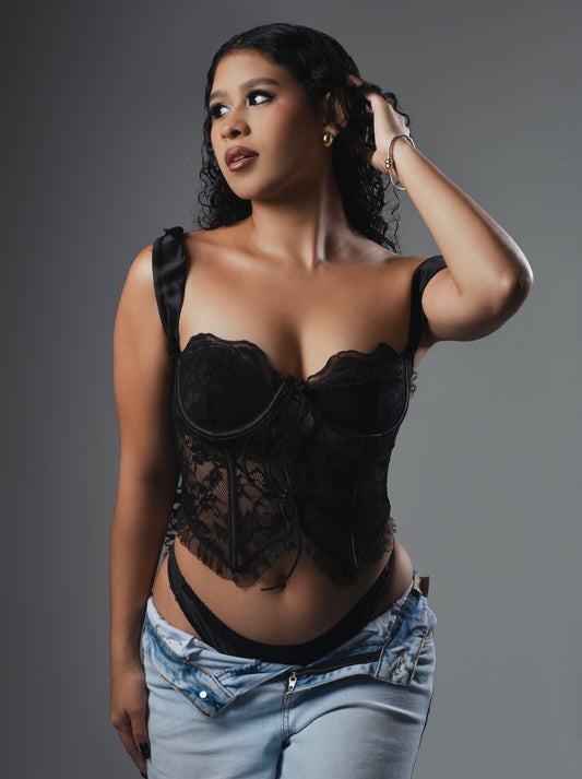 Corset de encaje de lazos delanteros y copas