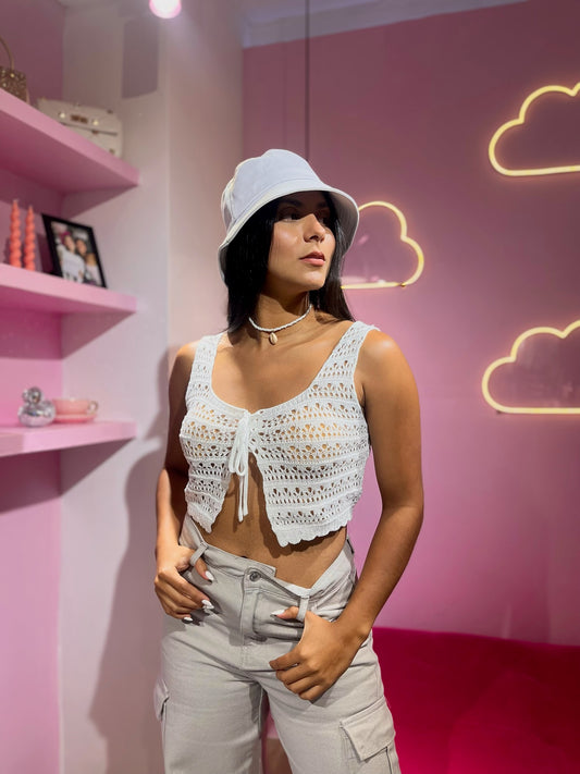 Top tejido playero con lazos delanteros blanco