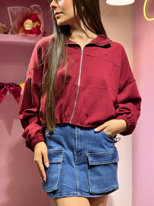 Hoodie de cierre corto ajustable color vino