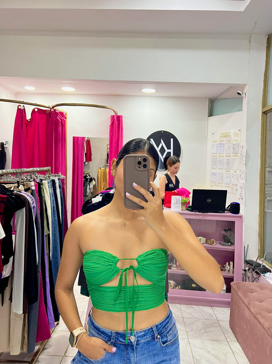 Top strapless texturizado con amarre delantero verde