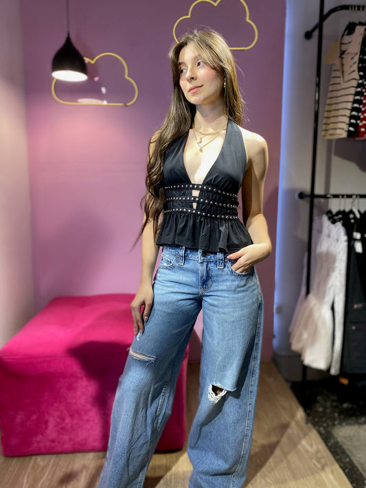 Top de taches negro al cuello de escote V