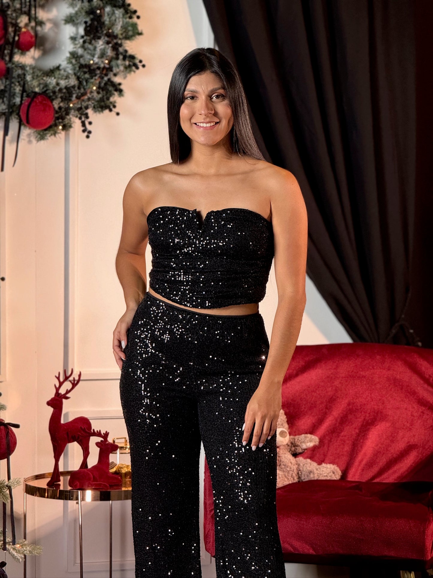 Top strapless de lentejuelas pequeñas negro