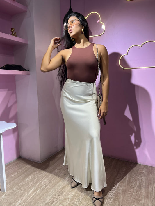 Falda larga de seda champagne