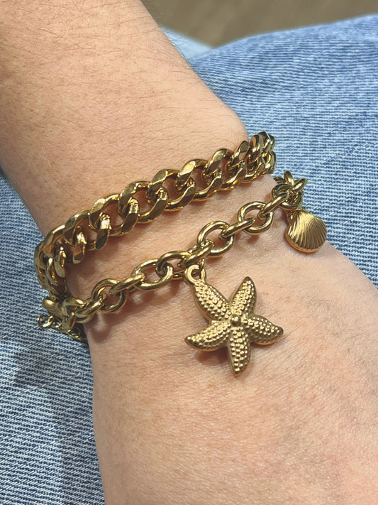 Pulsera playera de 3 dijes de conchitas y estrella de mar