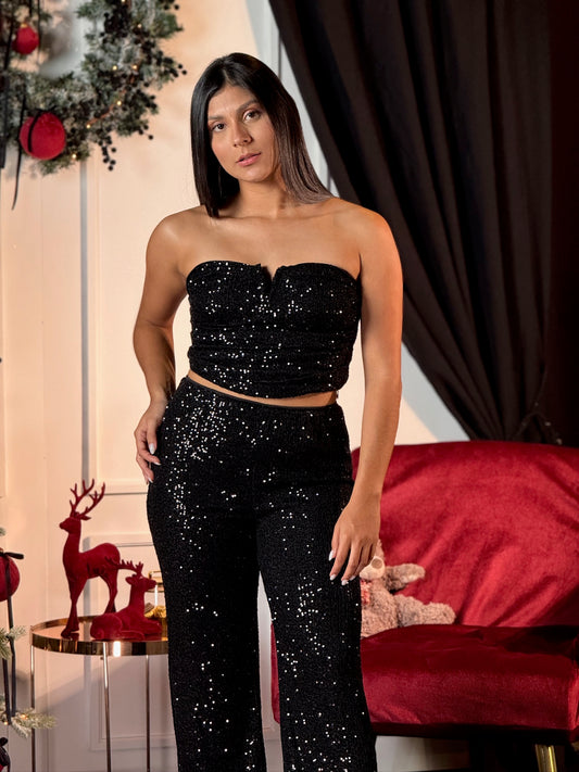 Top strapless de lentejuelas pequeñas negro