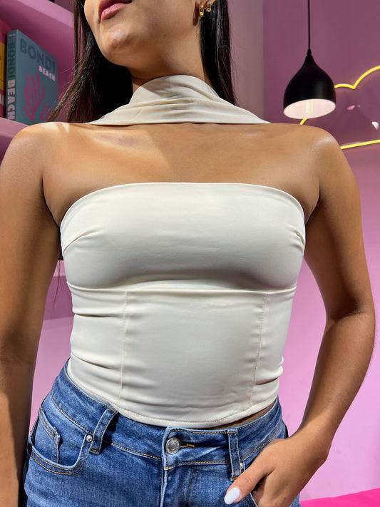 Top strapless con tirante al cuello