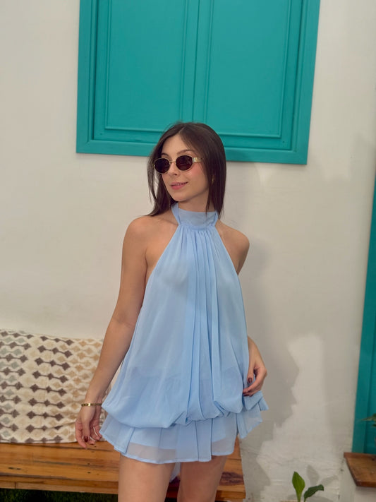 Vestido chifon celeste espalda descubierta bombache