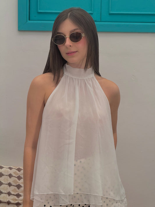 Blusa de chifon cuello alto con espalda cerrada blanca