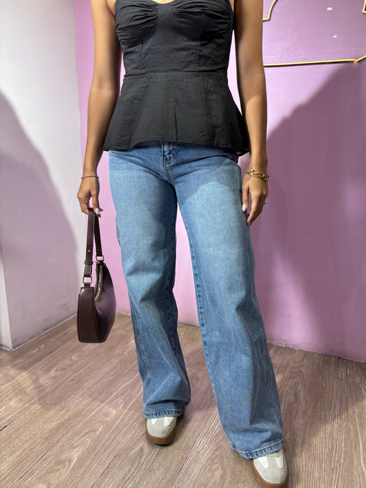 Jean wide leg tono medio con detalles de bolsillos POP SUGAR