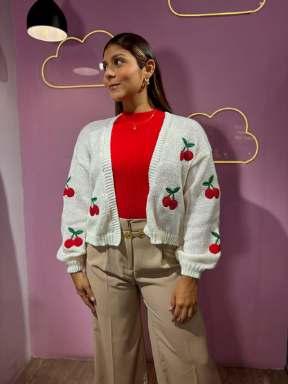 Cardigan tejido blanco de cerezas