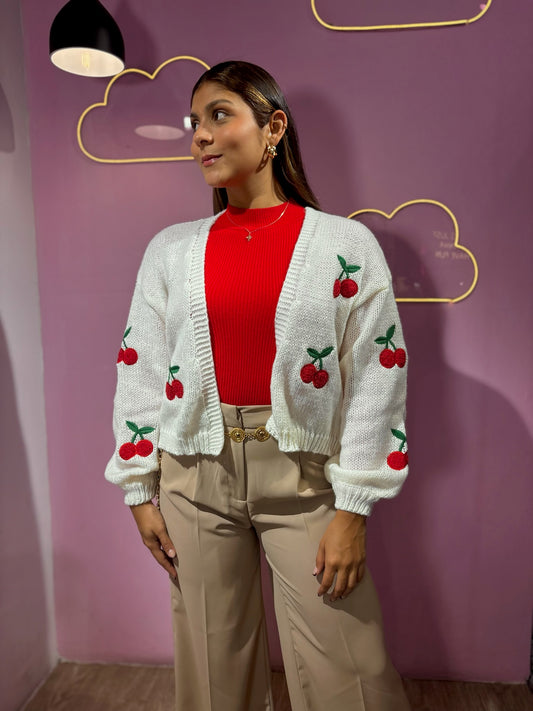 Cardigan tejido blanco de cerezas