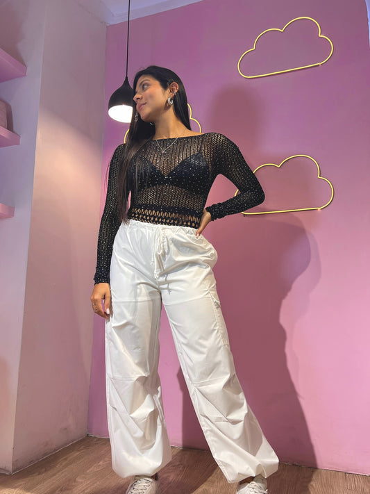 Pantalón parachute cargo blanco de pretina